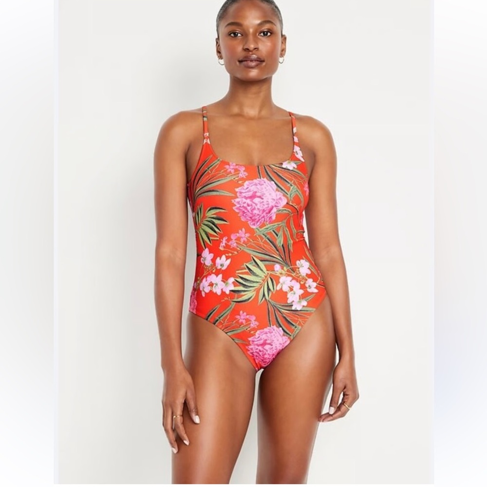 Old Navy Coral Orange Tropical Floral Print One Piece Swimsuit Size XL NWT